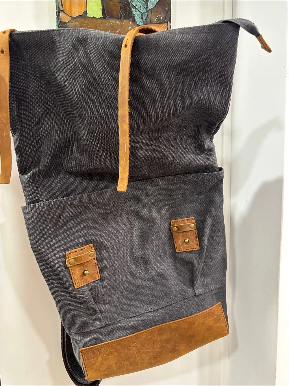 Crazy Lou Paris Canvas & Leather Roll-Top Backpack - Black and Brown